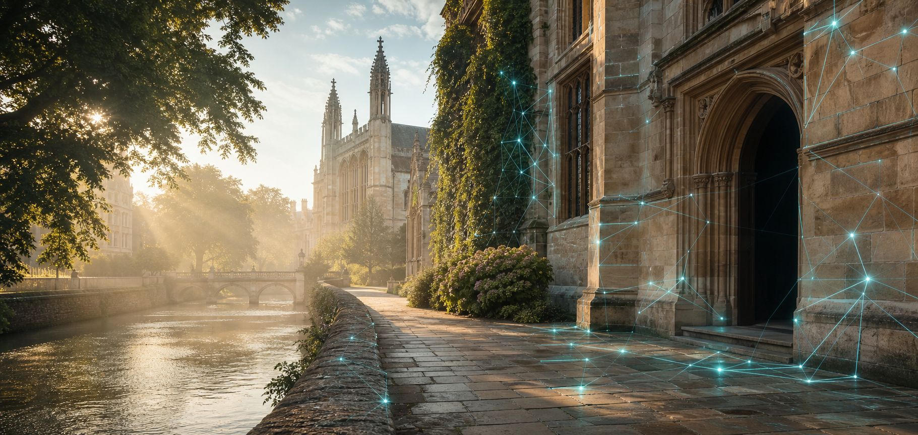 Cambridge-inspired academic courtyard with subtle AI network light patterns