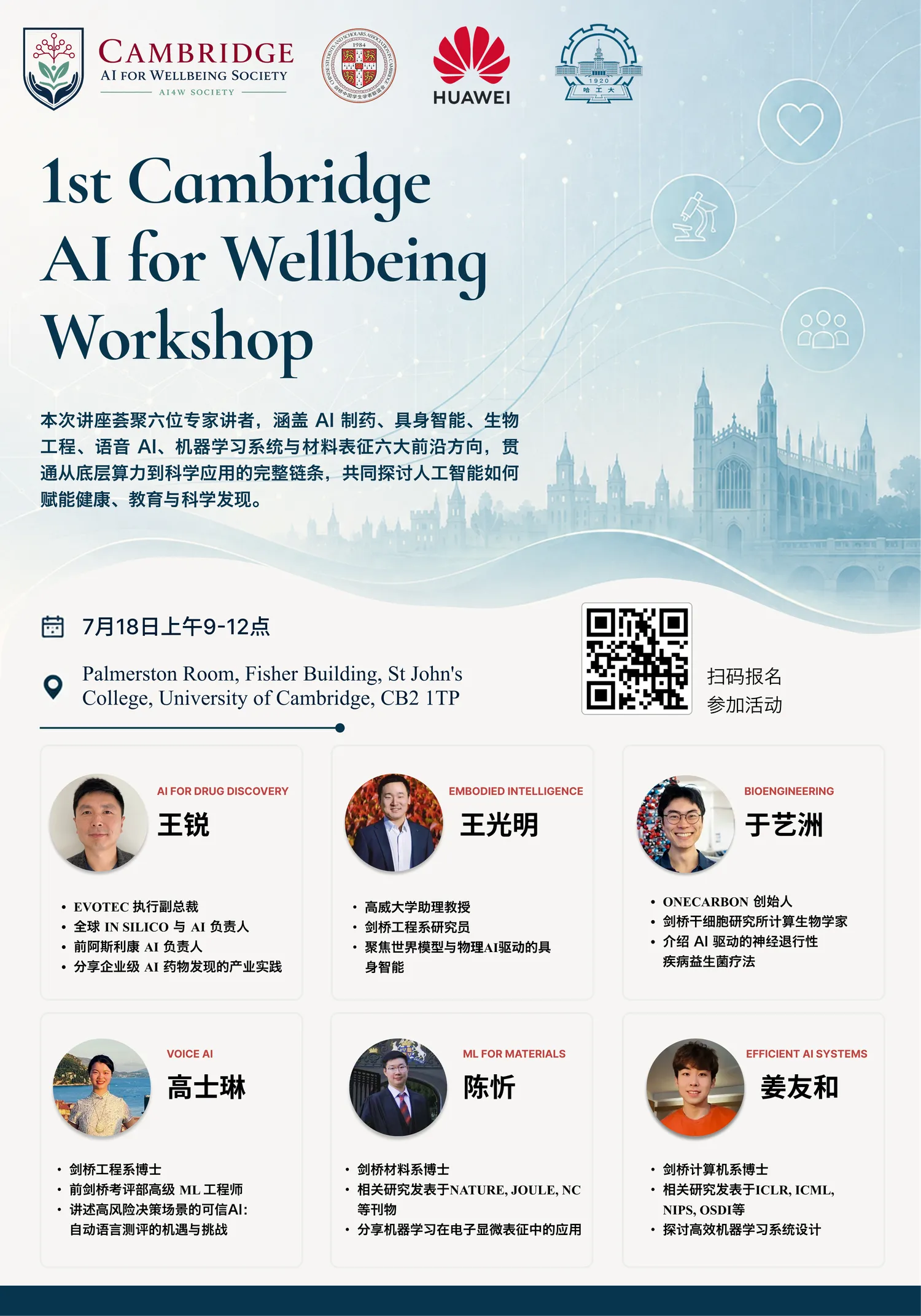 Official poster of the 1st Cambridge AI for Wellbeing Workshop
